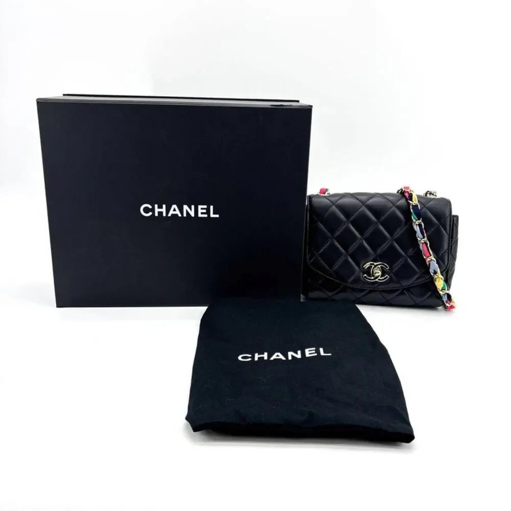 Chanel Mini Flap Bag Black Lambskin Gold Hardware Multicolor Ribbon Chain